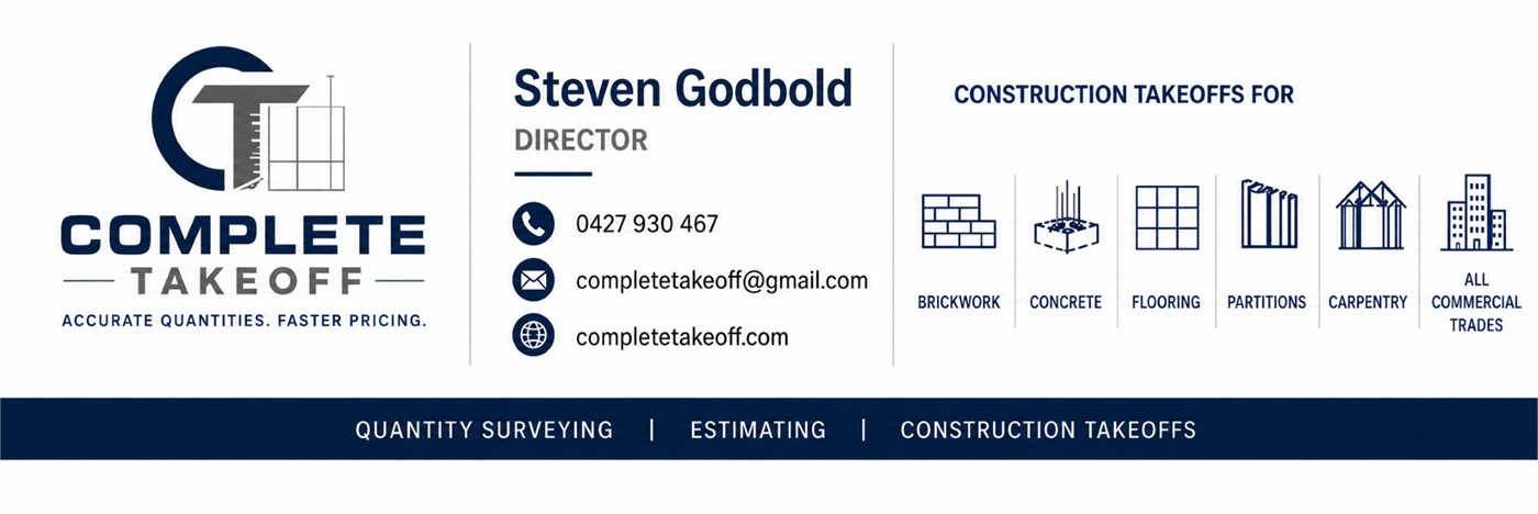 Complete Takeoff contact card — Steven Godbold, Director. Phone 0427 930 467. Email completetakeoff@gmail.com.