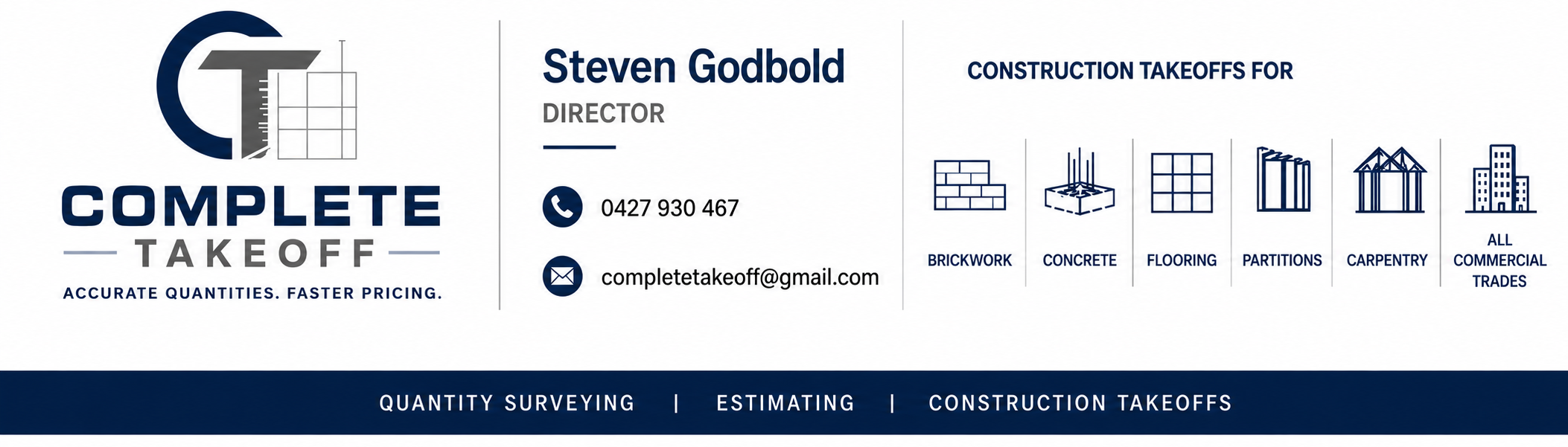 Complete Takeoff contact card — Steven Godbold, Director. Phone 0427 930 467. Email completetakeoff@gmail.com.